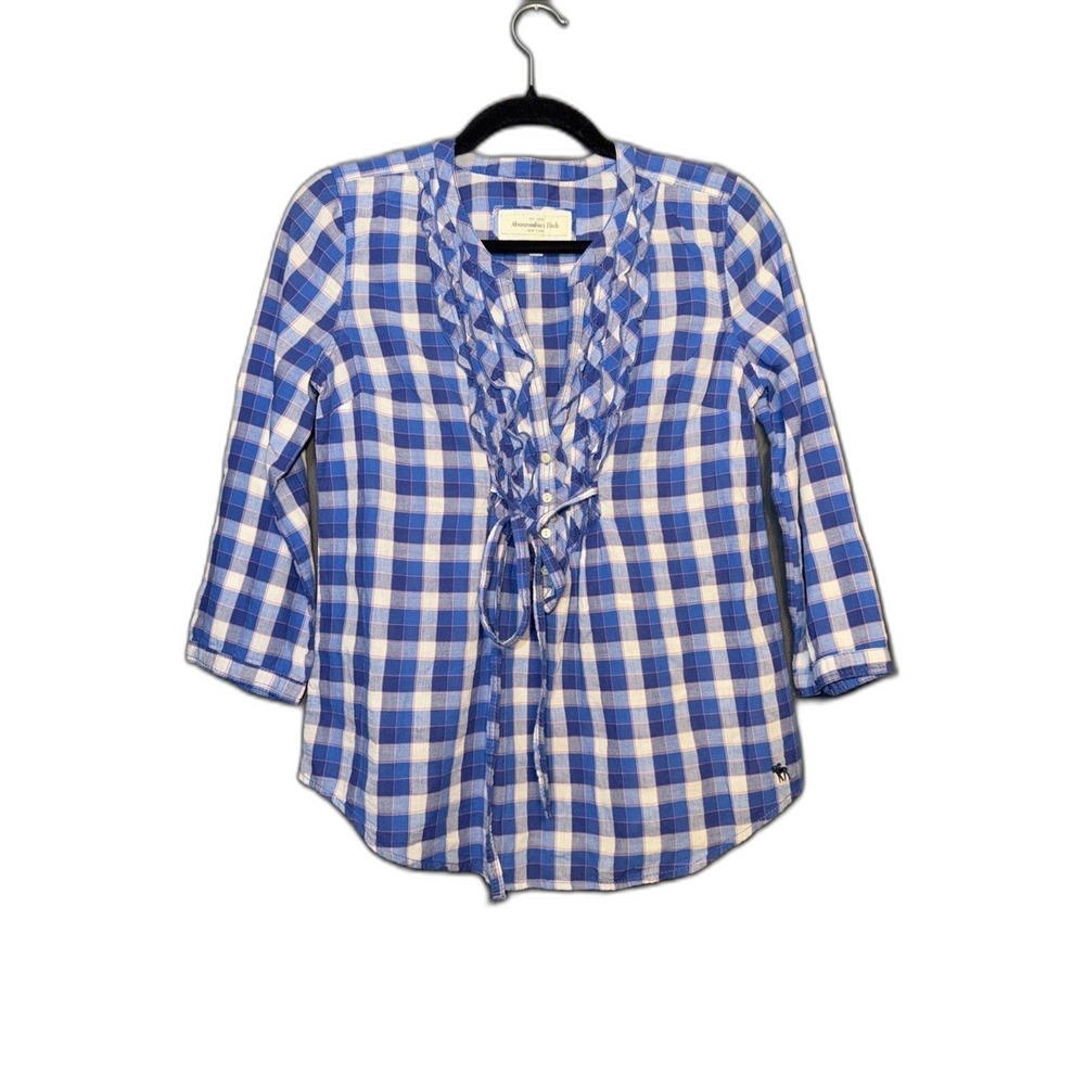 Abercrombie & Fitch Blouse Ruffle Front Small Blue Plaid Cotton Preppy‎ Casual